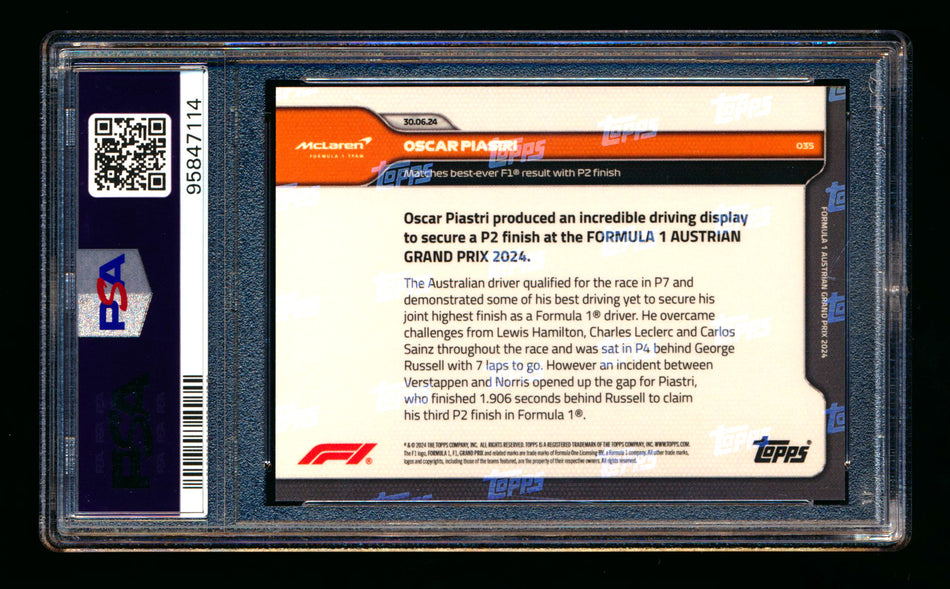 2024 Topps Now F1 #35 Oscar Piastri Orange #95/99 PSA 10 ** (SOLD eBay - $119.00 - 5/25/2025) **