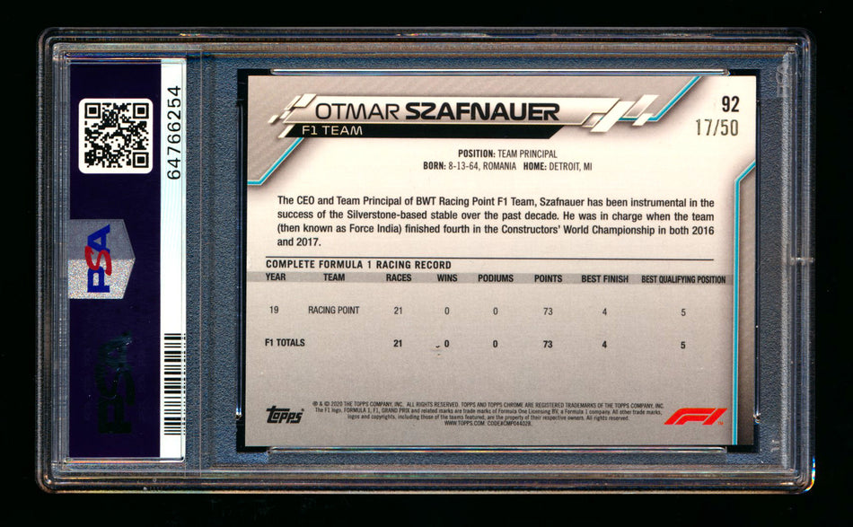 2020 Topps Chrome F1 #92 Otmar Szafnauer RC Gold Refractor #17/50 PSA 9