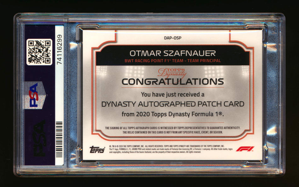 2020 Topps Dynasty F1 #DAP-OSP Otmar Szafnauer ROOKIE Patch Autograph #03/10 PSA 10 Gem Mint ** (SOLD - $349.00 - 11/8/2024) **