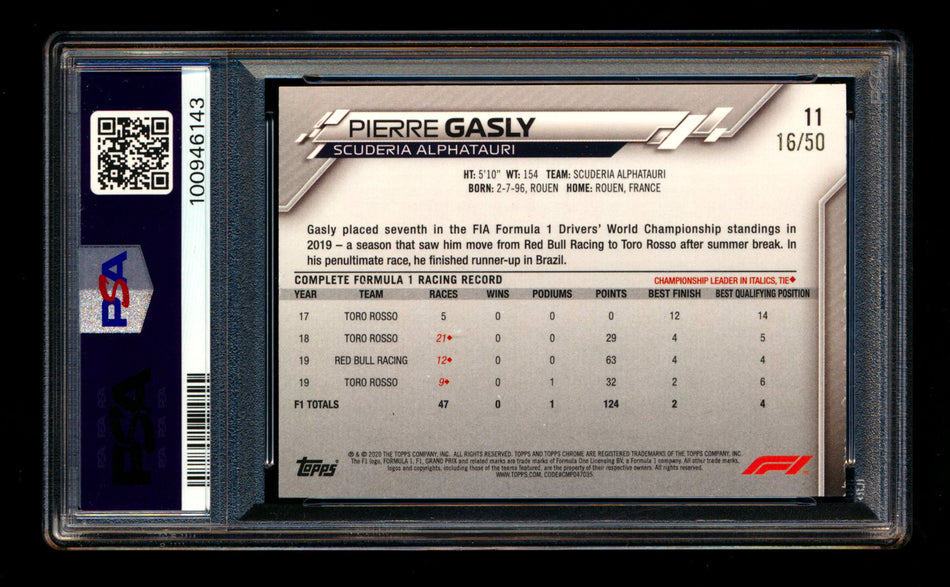 2020 Topps Chrome Sapphire F1 #11 Pierre Gasly RC Gold Refractor Image Variation SP #16/50 PSA 8 ** (SOLD eBay - $195.00 - 3/17/2025) **