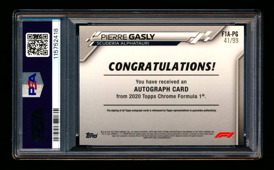 2020 Topps Chrome F1 #F1A-PG Pierre Gasly RC Refractor Autograph #41/99 PSA 7