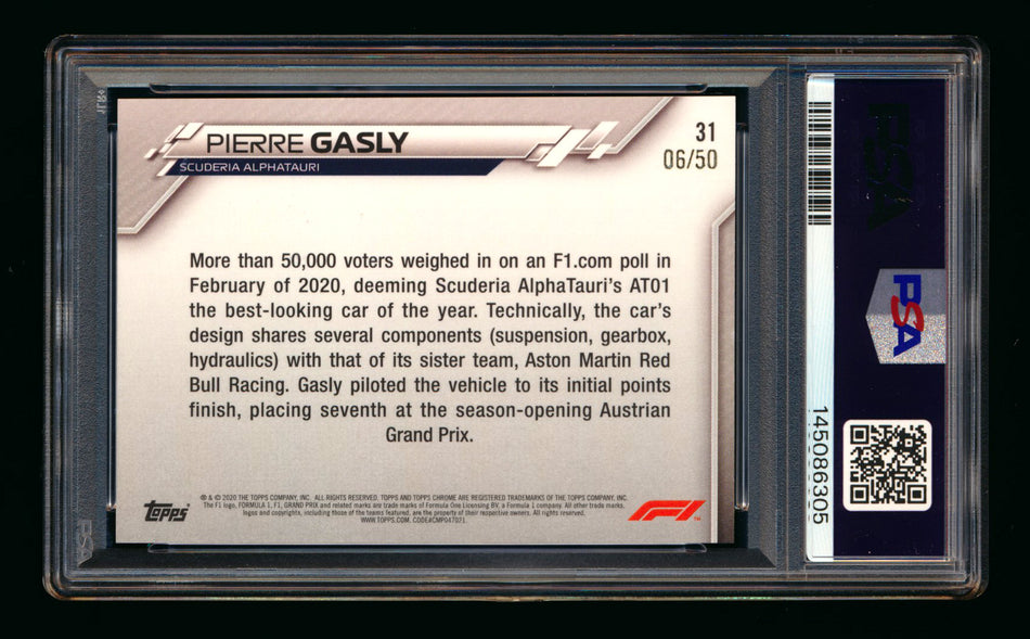 2020 Topps Chrome Sapphire F1 #31 Pierre Gasly RC Gold Refractor #06/50 PSA 8