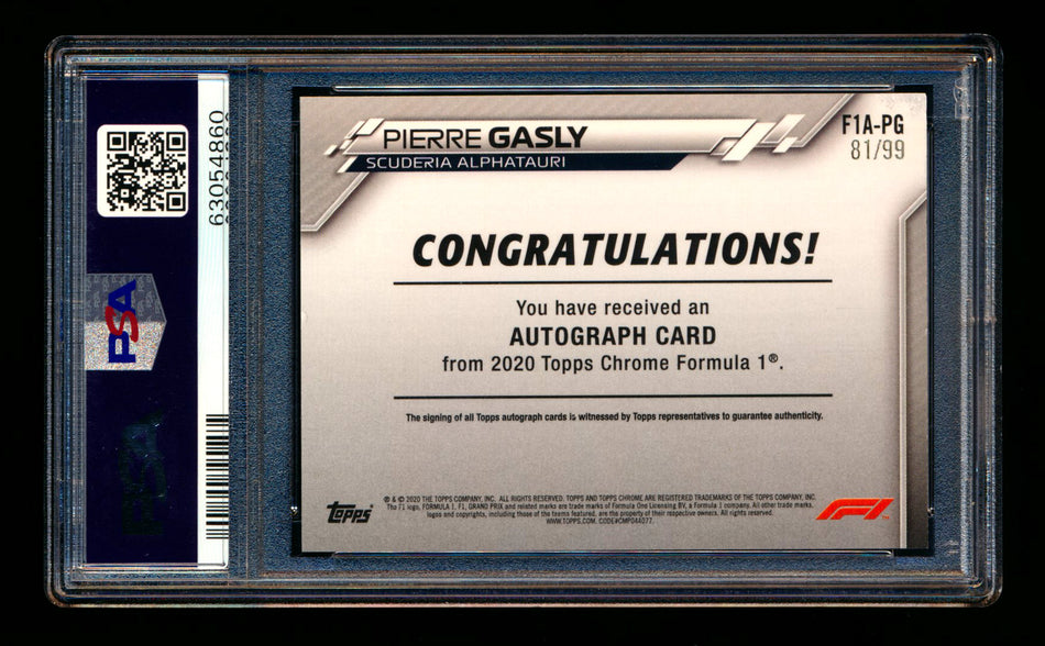 2020 Topps Chrome F1 #F1A-PG Pierre Gasly RC Refractor Autograph #81/99 PSA 8