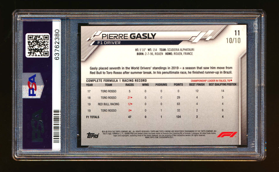 2020 Topps Chrome Sapphire F1 #11 Pierre Gasly RC Purple Refractor Portrait #10/10 PSA 9 (Car Number #10!)