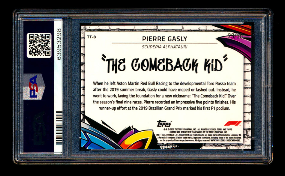 2020 Topps Chrome F1 Track Tags #TT-8 Pierre "The Comeback Kid" Gasly RC Gold Refractor #29/50 PSA 9 ** (SOLD - $450.00 - 4/15/2025) **