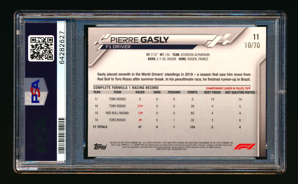 2020 Topps Chrome Sapphire F1 #11 Pierre Gasly RC 70th Silver Refractor Portrait #10/70 PSA 8 (Car Number #10!)