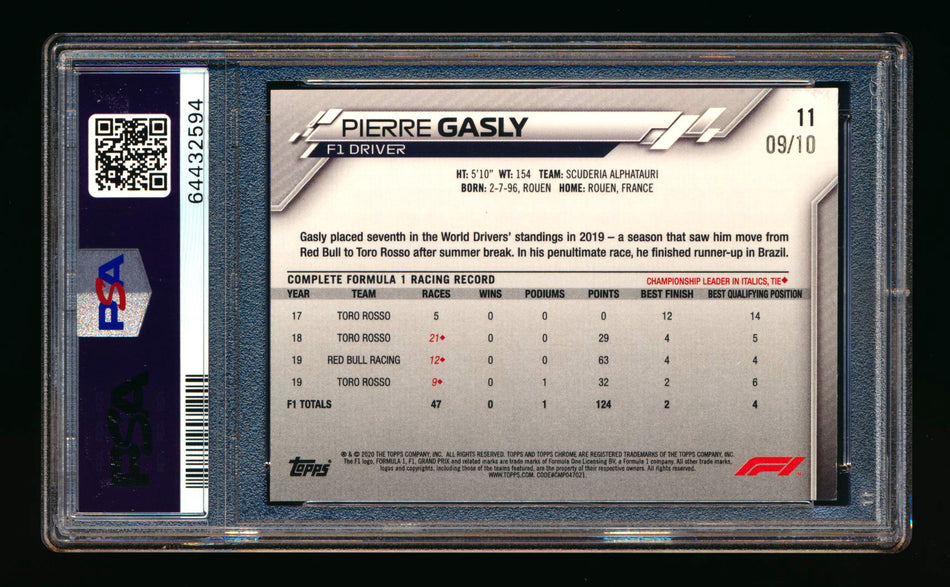 2020 Topps Chrome Sapphire F1 #11 Pierre Gasly RC Purple Refractor Portrait #09/10 PSA 9 ** (SOLD - $700.00 - 11/10/2024) **