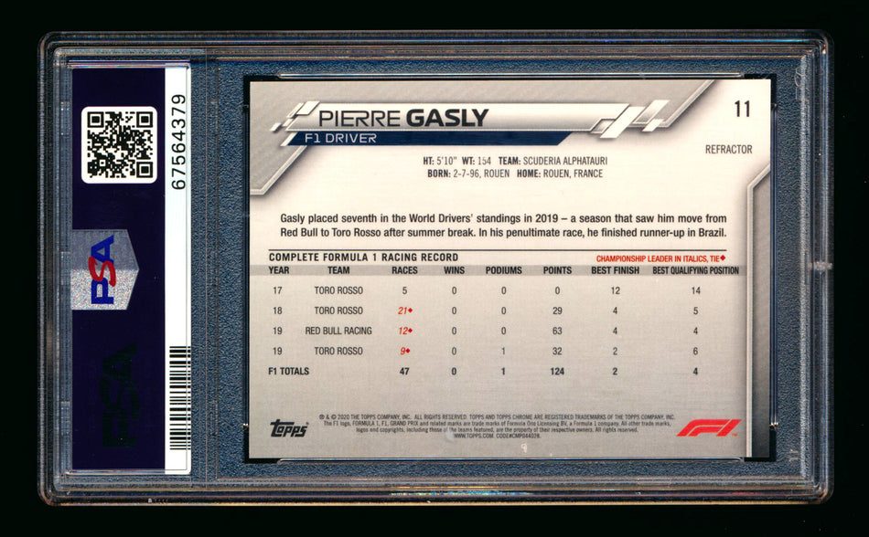 2020 Topps Chrome F1 #11 Pierre Gasly RC Refractor Portrait PSA 10 ** (SOLD - $195.00 - 4/11/2026) **