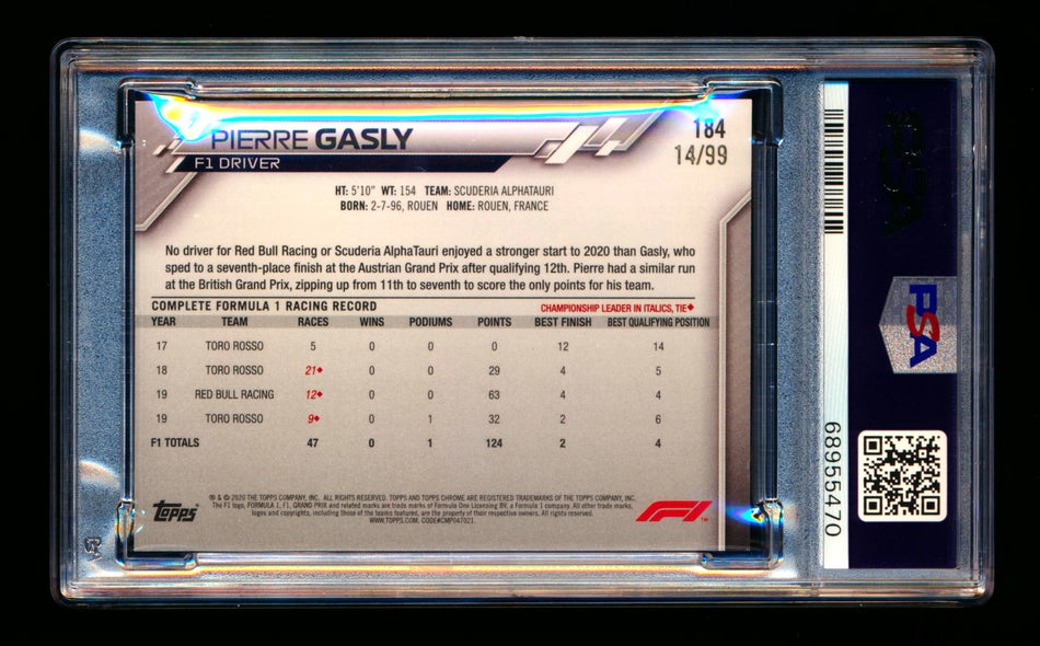 2020 Topps Chrome Sapphire F1 #184 Pierre Gasly RC Aqua Refractor #14/99 PSA 9