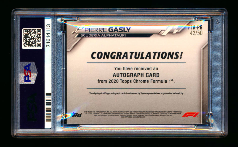 2020 Topps Chrome F1 #F1A-PG Pierre Gasly RC Gold Wave Refractor Autograph #42/50 PSA 9