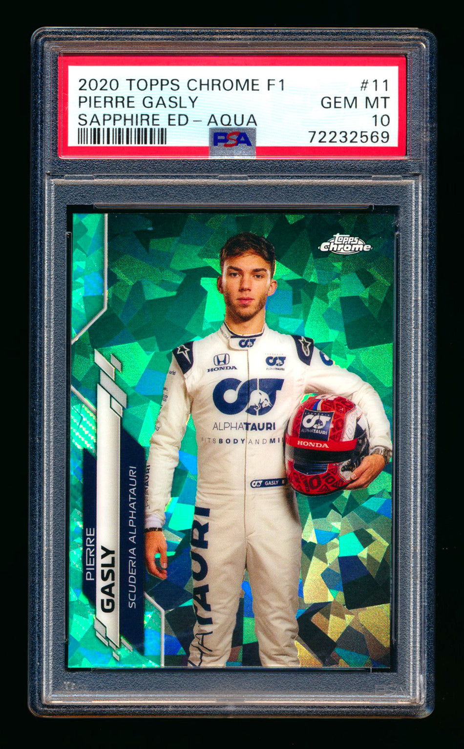2020 Topps Chrome Sapphire F1 #11 Pierre Gasly RC Aqua Refractor Portrait #70/99 PSA 10