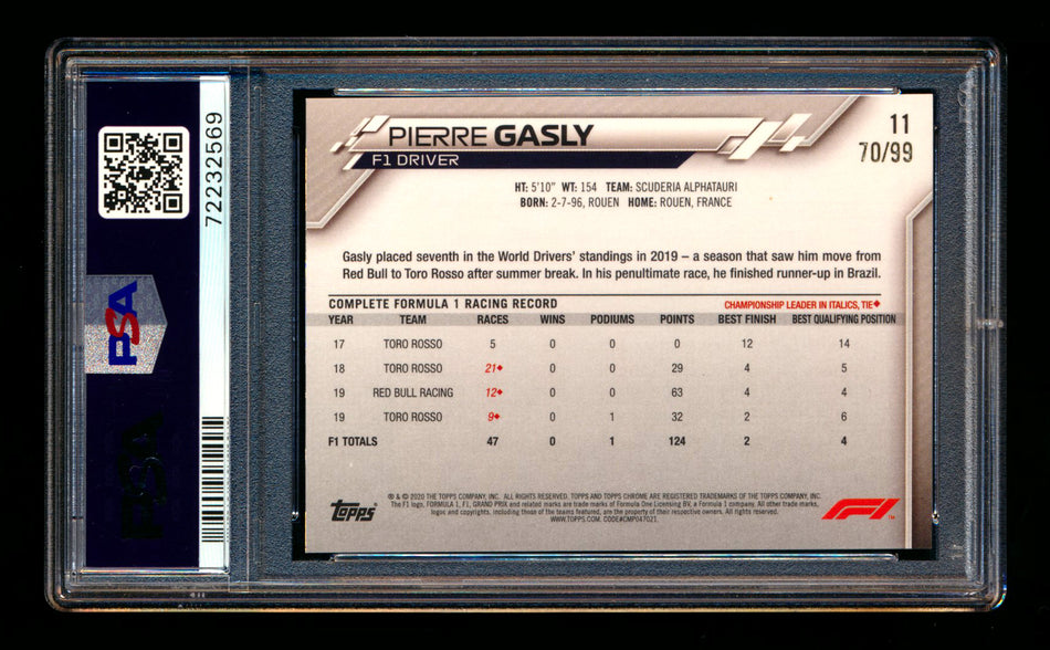 2020 Topps Chrome Sapphire F1 #11 Pierre Gasly RC Aqua Refractor Portrait #70/99 PSA 10