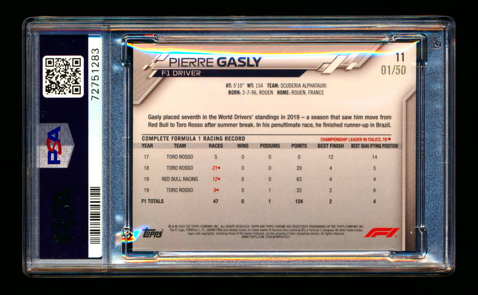 2020 Topps Chrome Sapphire F1 #11 Pierre Gasly RC Gold Refractor Portrait #01/50 PSA 9 (First #!)