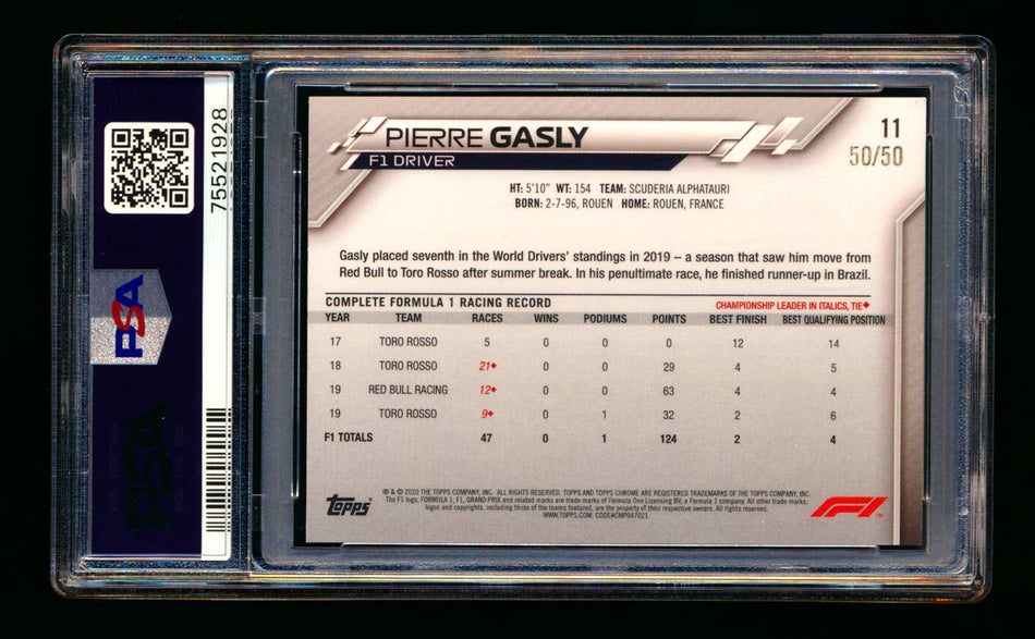 2020 Topps Chrome Sapphire F1 #11 Pierre Gasly RC Gold Refractor Portrait #50/50 PSA 8 (Last Number!)