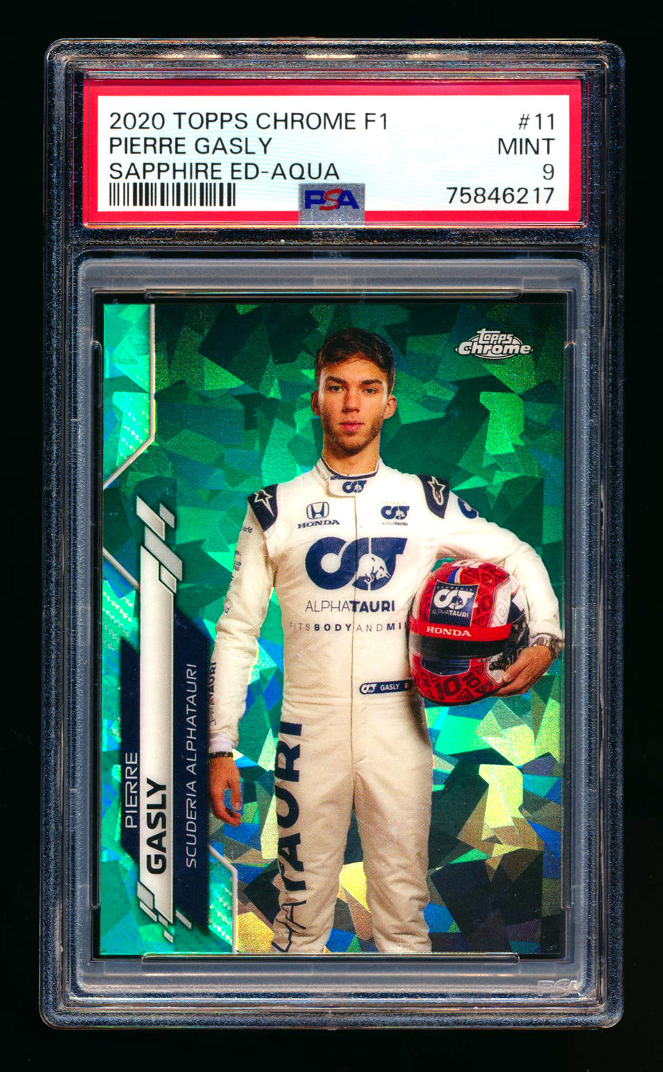 2020 Topps Chrome Sapphire F1 #11 Pierre Gasly RC Aqua Refractor Portrait #65/99 PSA 9