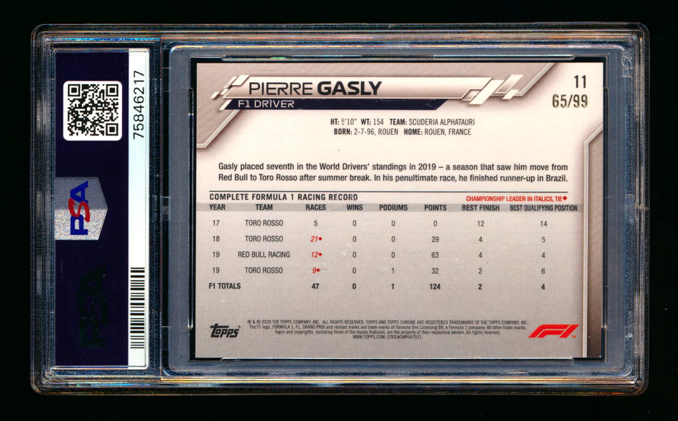 2020 Topps Chrome Sapphire F1 #11 Pierre Gasly RC Aqua Refractor Portrait #65/99 PSA 9