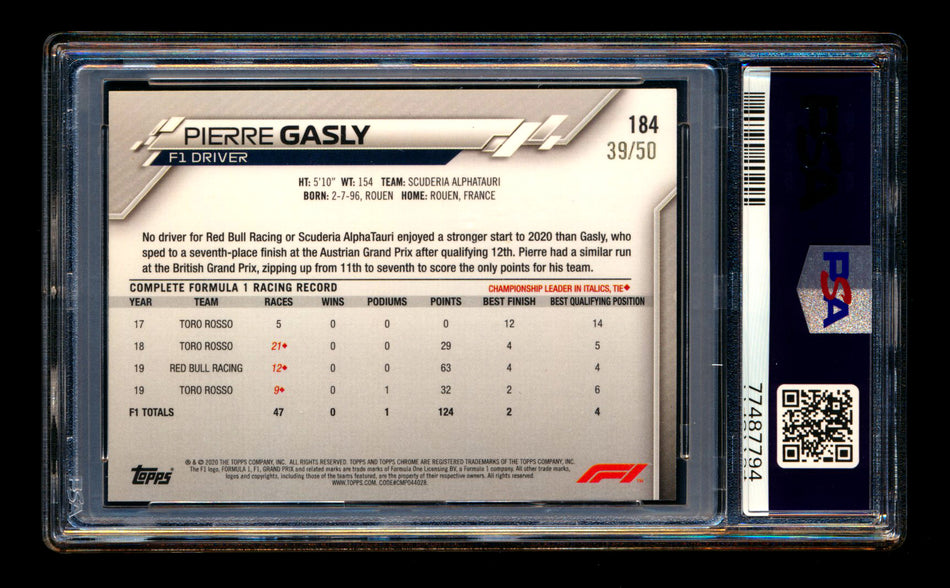 2020 Topps Chrome F1 #184 Pierre Gasly RC Gold Refractor #39/50 PSA 9