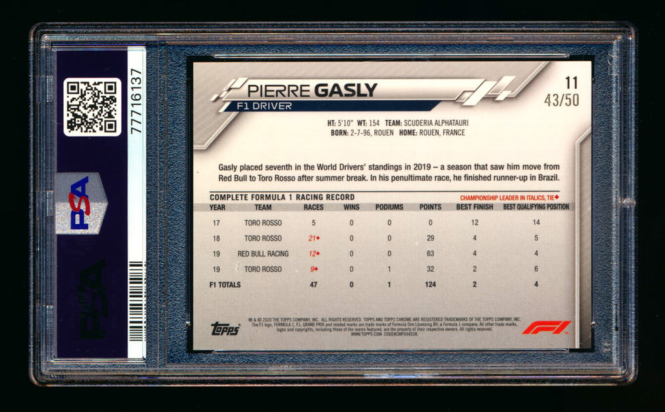 2020 Topps Chrome F1 #11 Pierre Gasly RC Gold Refractor Portrait #43/50 PSA 8 ** (SOLD - $149.00 - 10/31/2024) **