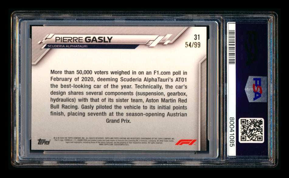 2020 Topps Chrome Sapphire F1 #31 Pierre Gasly RC Aqua Refractor #54/99 PSA 9