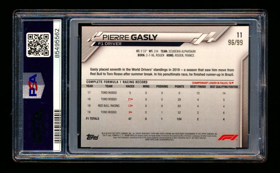 2020 Topps Chrome Sapphire F1 #11 Pierre Gasly RC Aqua Refractor Portrait #96/99 PSA 10