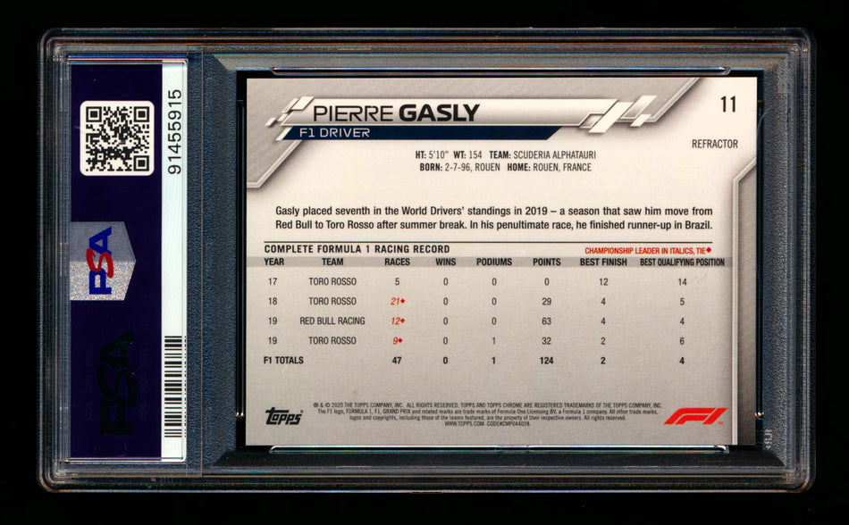 2020 Topps Chrome F1 #11 Pierre Gasly RC Refractor Portrait PSA 9 ** (SOLD - $25.00 - 10/23/2024) **