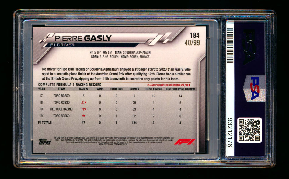 2020 Topps Chrome Sapphire F1 #184 Pierre Gasly RC Aqua Refractor #40/99 PSA 9