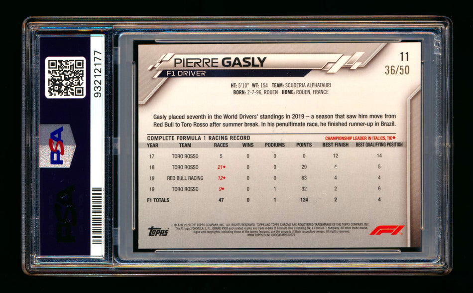 2020 Topps Chrome Sapphire F1 #11 Pierre Gasly RC Gold Refractor Portrait #36/50 PSA 9