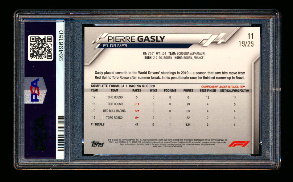 2020 Topps Chrome F1 #11 Pierre Gasly RC Orange Refractor Portrait #19/25 PSA 9