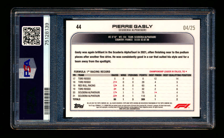 2022 Topps Chrome F1 #44 Pierre Gasly Orange Refractor Portrait #04/25 PSA 10 ** (SOLD - $49.00 - 1/17/2025) **