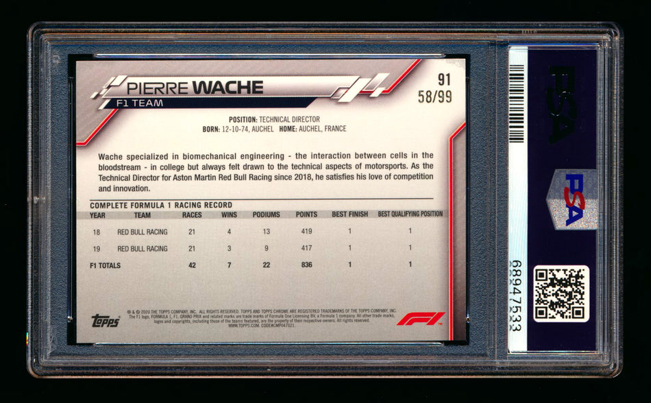 2020 Topps Chrome Sapphire F1 #91 Pierre Wache RC Aqua Refractor #58/99 PSA 9