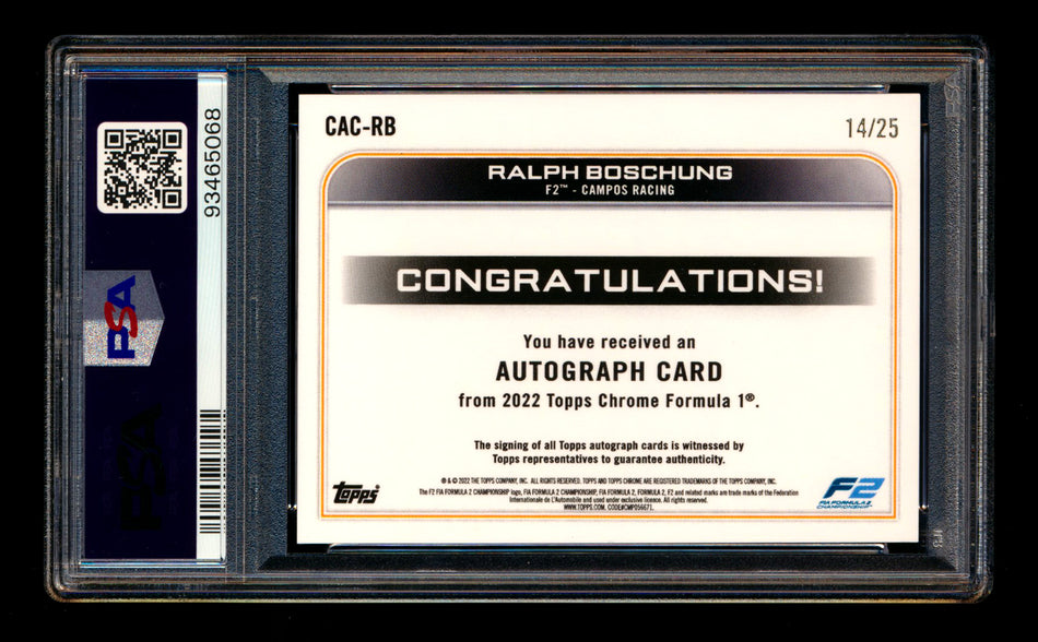2022 Topps Chrome F1 #CAC-RB Ralph Boschung RC Orange Refractor Autograph #14/25 PSA 10