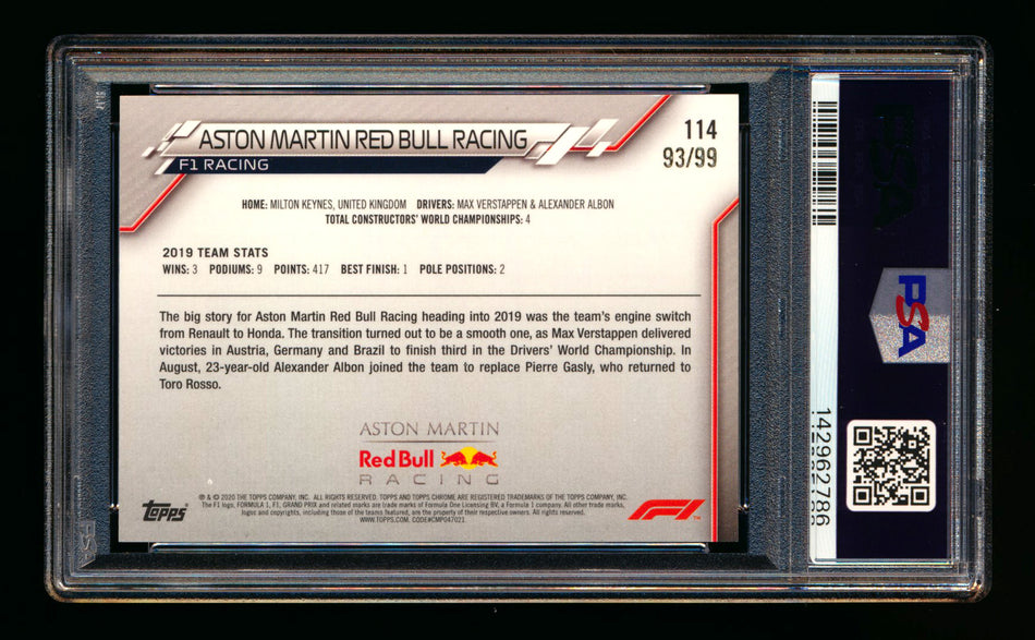 2020 Topps Chrome Sapphire F1 #114 Aston Martin Red Bull Team Logo RC Aqua Refractor #93/99 PSA 10