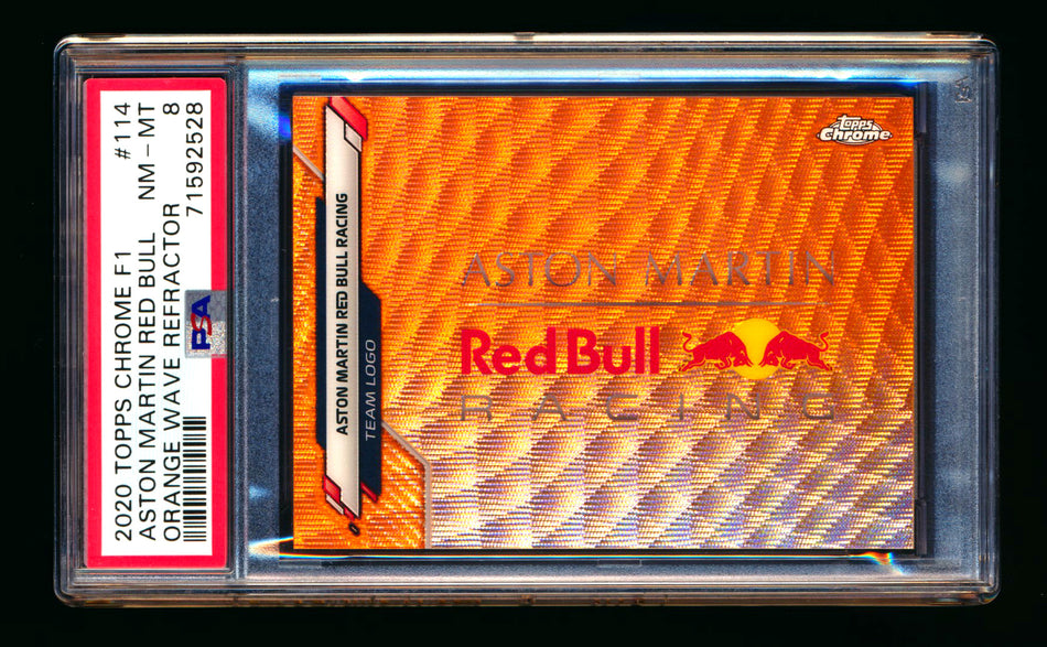 2020 Topps Chrome F1 #114 Aston Martin Red Bull Team Logo RC Orange Wave Refractor #22/25 PSA 8