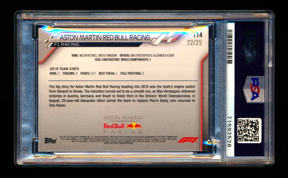 2020 Topps Chrome F1 #114 Aston Martin Red Bull Team Logo RC Orange Wave Refractor #22/25 PSA 8