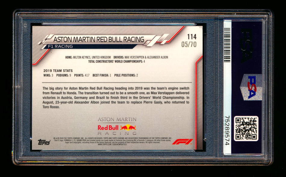2020 Topps Chrome Sapphire F1 #114 Aston Martin Red Bull Team Logo RC 70th Silver Refractor #05/70 PSA 8 ** (SOLD - $279.00 - 3/12/2025) **