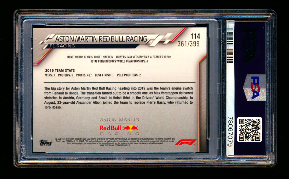 2020 Topps Chrome F1 #114 Aston Martin Red Bull Team Logo RC Purple Refractor #361/399 PSA 8 ** (SOLD - $35.00 - 12/15/2024) **