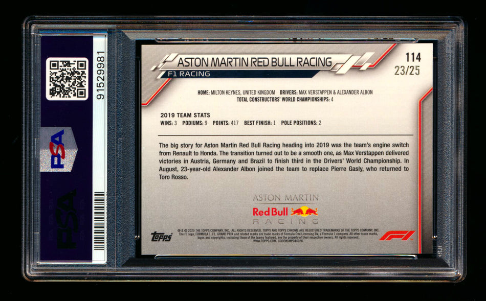 2020 Topps Chrome F1 #114 Aston Martin Red Bull Team Logo RC Orange Refractor #23/25 PSA 9 ** (SOLD - $600.00 - 12/28/2024) **