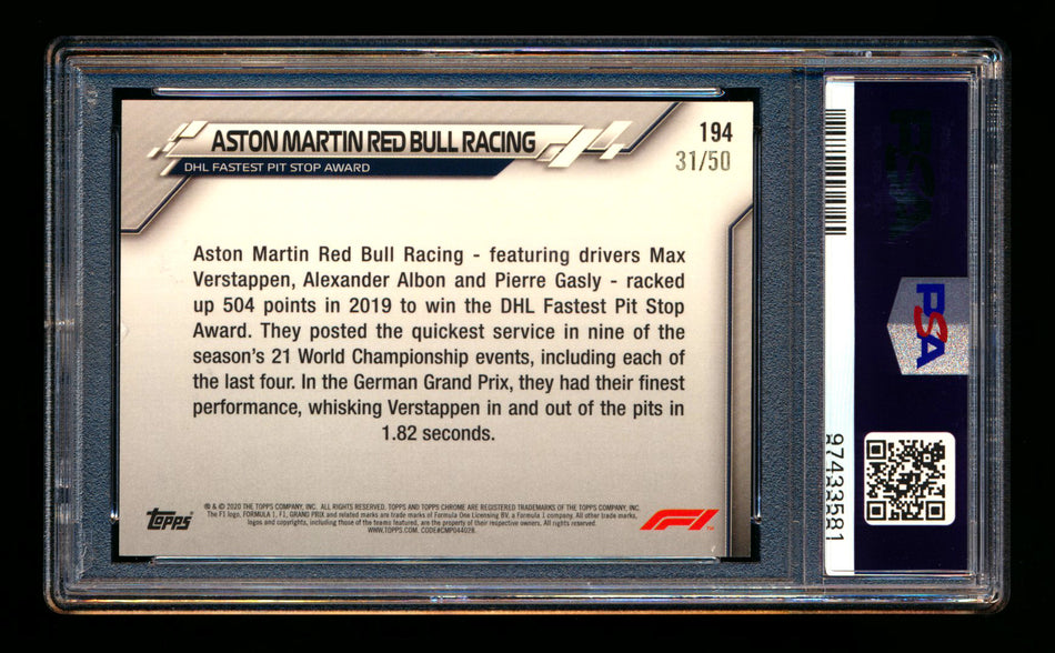 2020 Topps Chrome F1 #194 Aston Martin Red Bull RC Gold Refractor #31/50 PSA 8 ** (SOLD - $179.00 - 12/5/2025) **