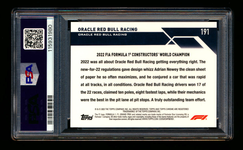 2023 Topps Chrome Sapphire F1 #191 Oracle Red Bull Racing (Adrian Newey RC & Helmut Marko RC) Red Refractor #5/5 PSA 9 (Last #!)