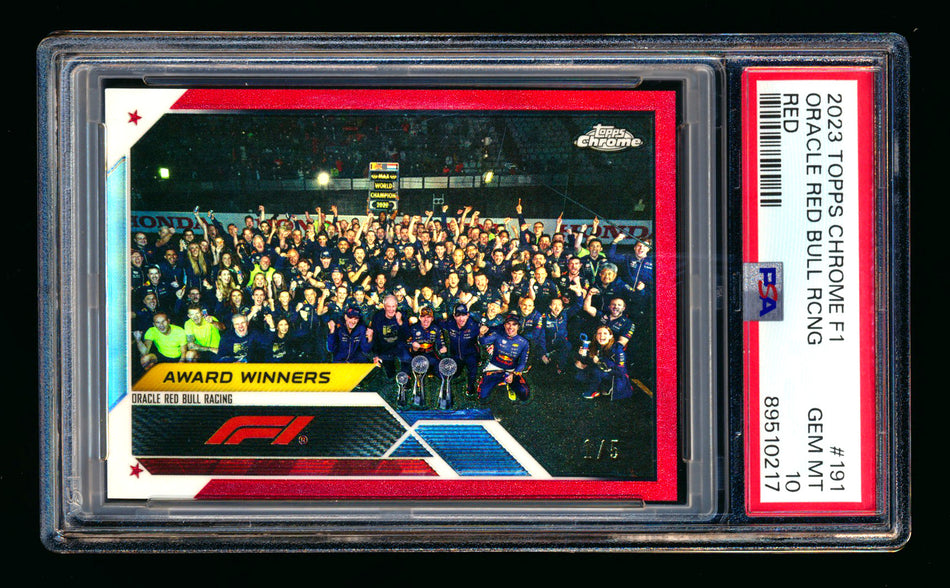 2023 Topps Chrome F1 #191 Oracle Red Bull Racing (Adrian Newey RC & Helmut Marko RC) Red Refractor #1/5 PSA 10 (First #!)