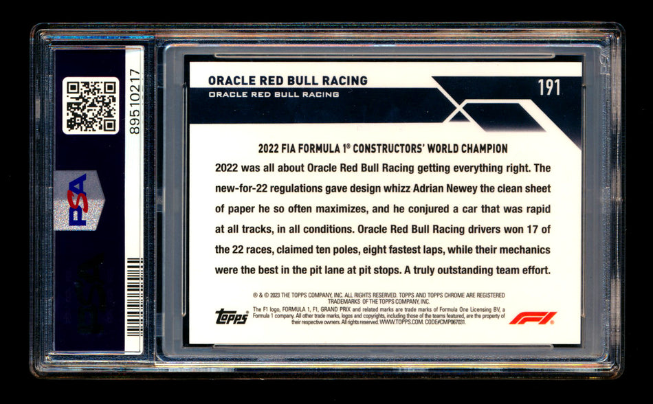 2023 Topps Chrome F1 #191 Oracle Red Bull Racing (Adrian Newey RC & Helmut Marko RC) Red Refractor #1/5 PSA 10 (First #!)