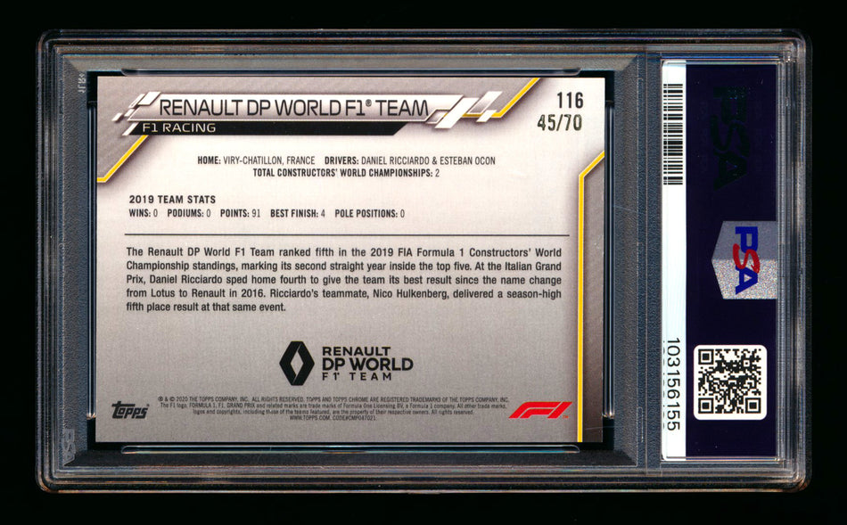 2020 Topps Chrome Sapphire F1 #116 Renault DP World Team Logo RC 70th Silver Refractor #45/70 PSA 7 ** (SOLD Nationals - $35.00 - 8/1/2025) **