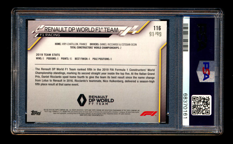 2020 Topps Chrome Sapphire F1 #116 Renault DP World Team Logo RC Aqua Refractor #91/99 PSA 8 ** (SOLD eBay - $40.00 - 4/26/2025) **