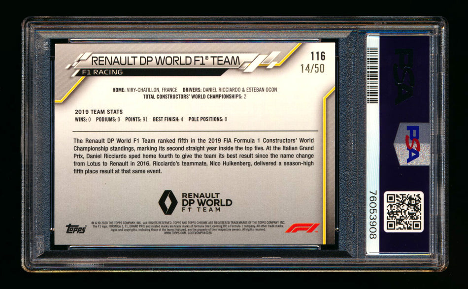 2020 Topps Chrome F1 #116 Renault DP World Team Logo RC Gold Refractor #14/50 PSA 8 ** (SOLD - $150.00 - 5/5/2026) **
