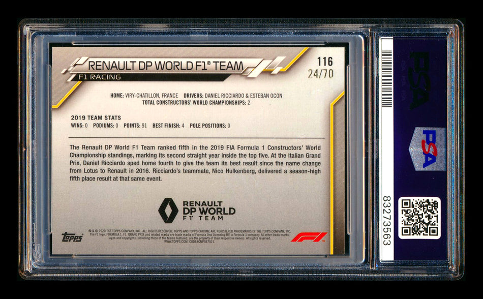 2020 Topps Chrome Sapphire F1 #116 Renault DP World Team Logo RC 70th Silver Refractor #24/70 PSA 10