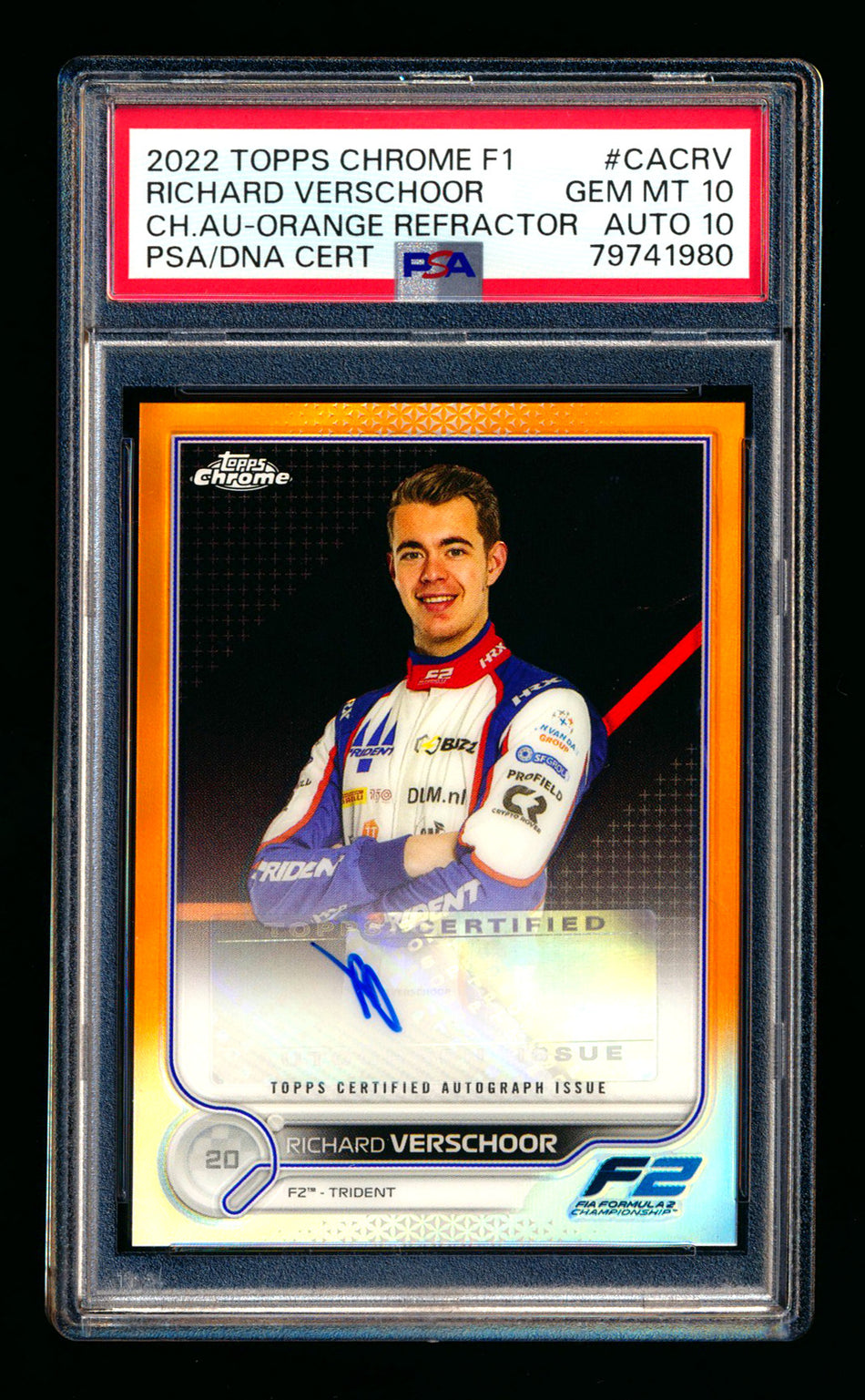 2022 Topps Chrome F1 #CAC-RV Richard Verschoor RC Orange Refractor Autograph #10/25 PSA 10 DNA 10 - POP 1!