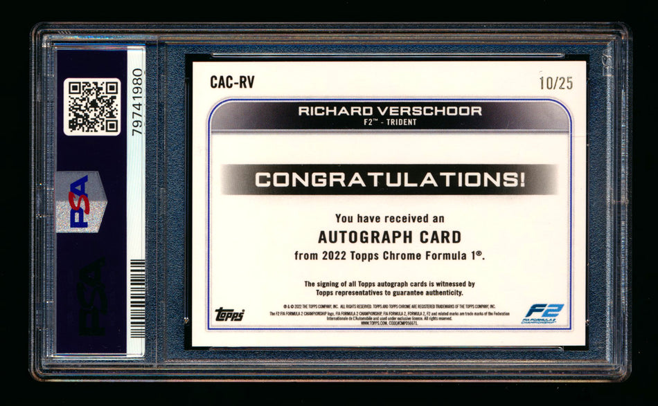 2022 Topps Chrome F1 #CAC-RV Richard Verschoor RC Orange Refractor Autograph #10/25 PSA 10 DNA 10 - POP 1!