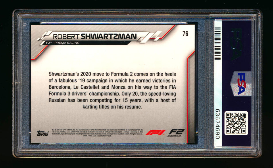 2020 Topps Chrome F1 #76 Robert Shwartzman RC 70th Anniversary Superfractor PSA 10 Gem Mint ** (SOLD eBay - $695.00 - 1/2/2025) **