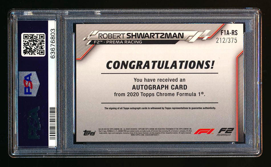 2020 Topps Chrome F1 #F1A-RS Robert Shwartzman RC Refractor Autograph #212/375 PSA 8 ** (SOLD - $39.00 - 11/2/2024) **
