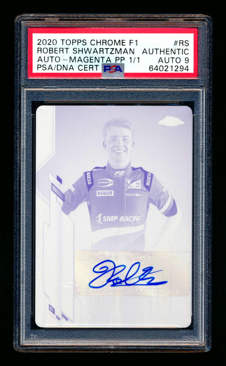 2020 Topps Chrome F1 #F1A-RS Robert Shwartzman RC Magenta Printing Plate Autograph #1/1 PSA Authentic DNA 9